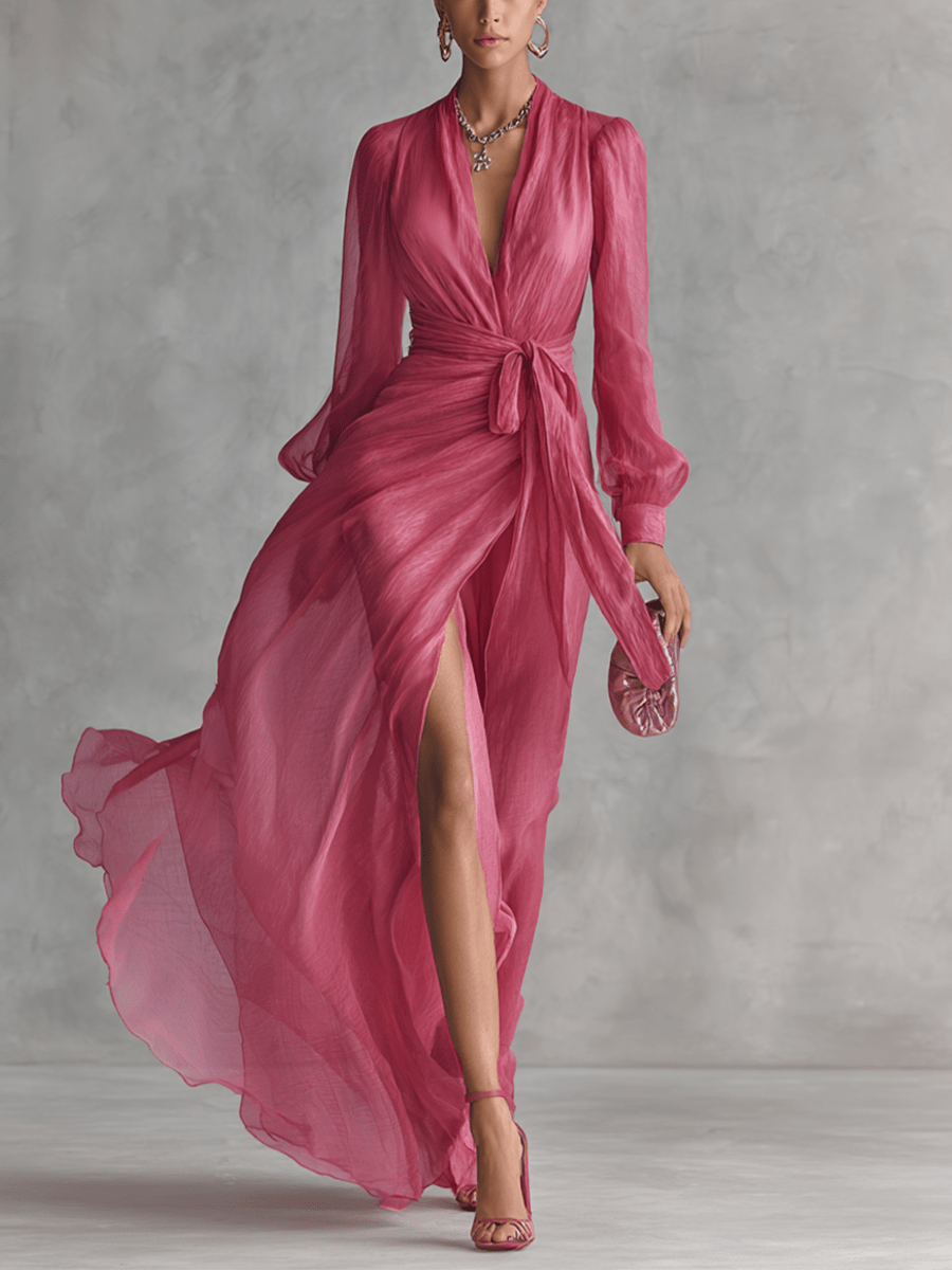 Elegante Roze Chiffon V-hals Tailleband Lange Jurk - Bellanza