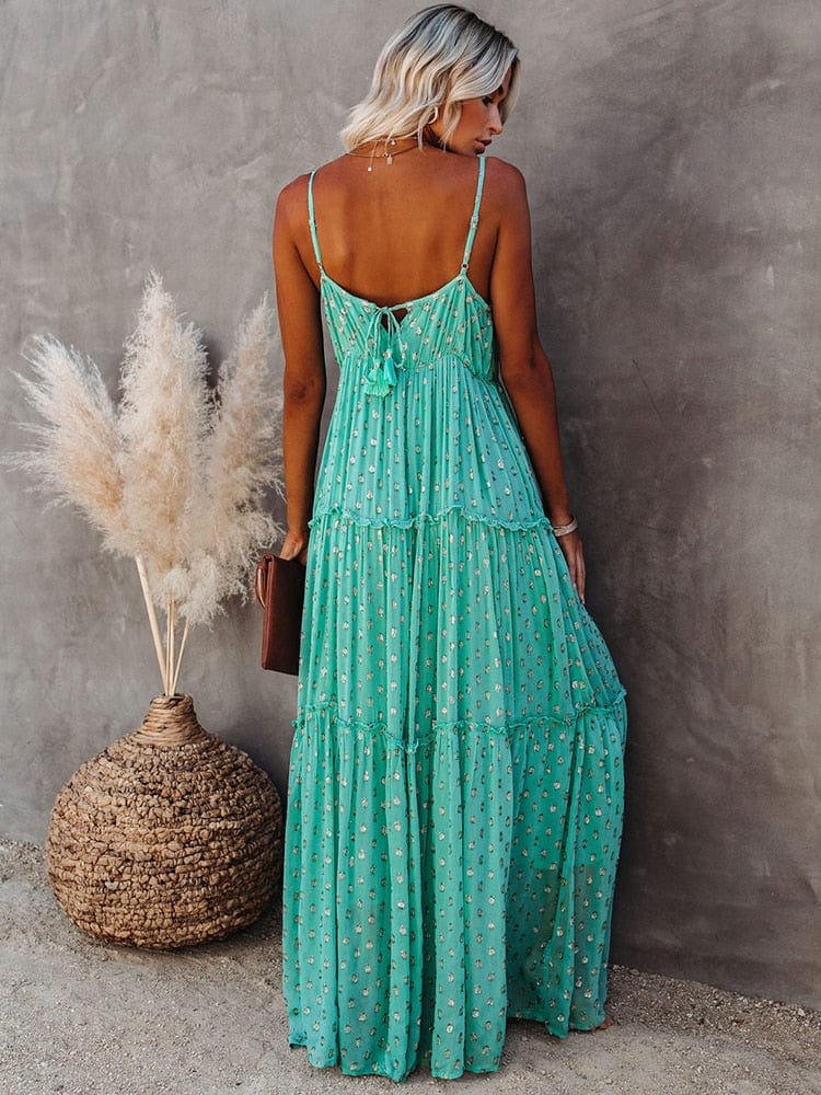 Evi™ Groene Maxi Jurk Met V - hals En Zomers Ibiza Printje - bellanza
