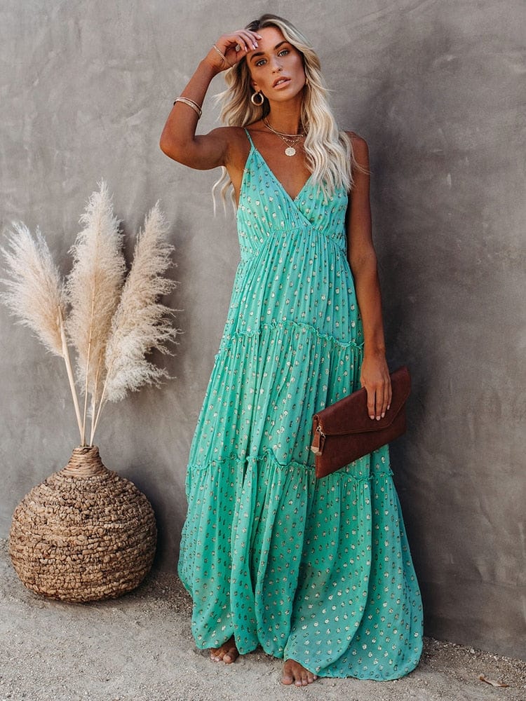 Evi™ Groene Maxi Jurk Met V - hals En Zomers Ibiza Printje - bellanza