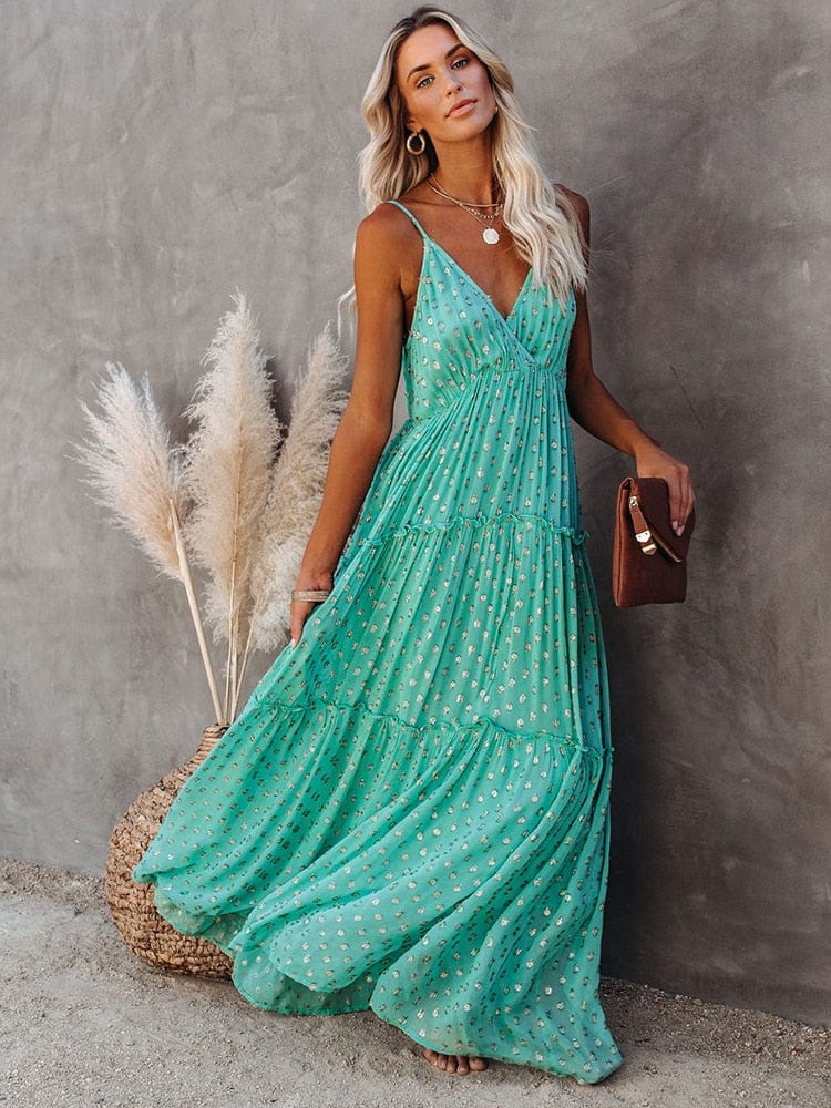 Evi™ Groene Maxi Jurk Met V - hals En Zomers Ibiza Printje - bellanza