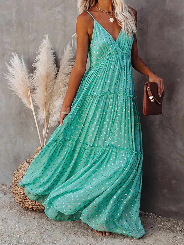 Evi™ Groene Maxi Jurk Met V - hals En Zomers Ibiza Printje - bellanza