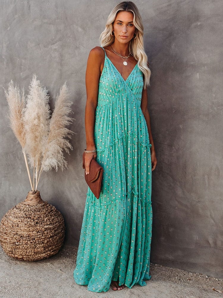 Evi™ Groene Maxi Jurk Met V - hals En Zomers Ibiza Printje - bellanza