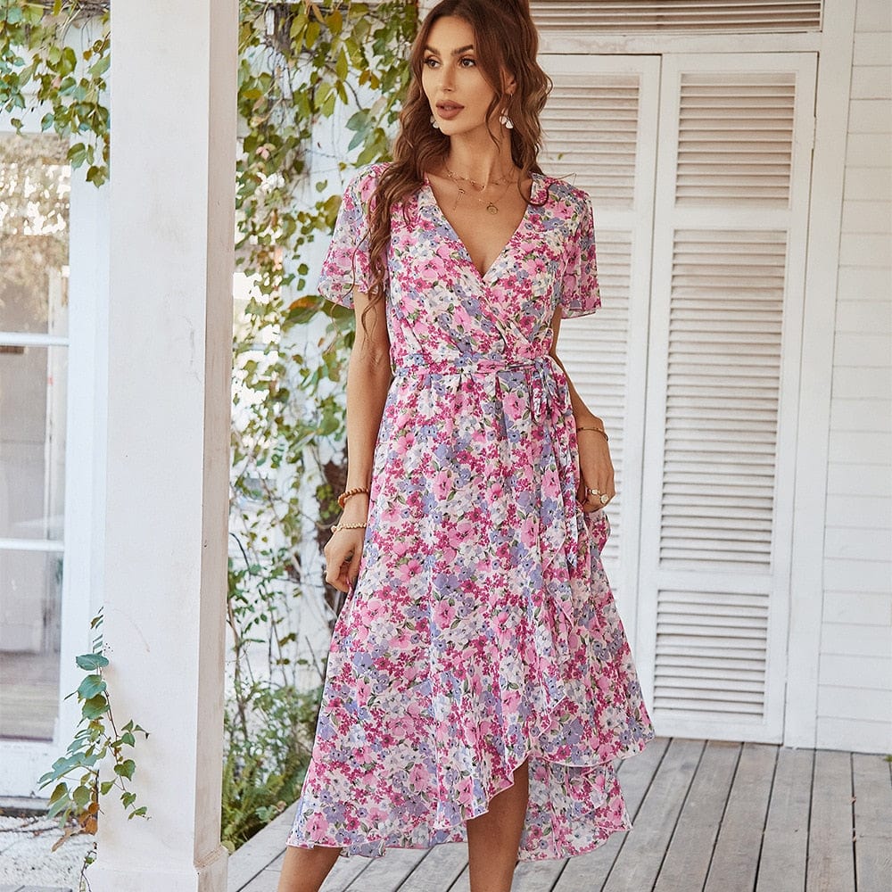 Fenna™ Roze Midi Jurk Met Bohemian Bloemen Print - bellanza