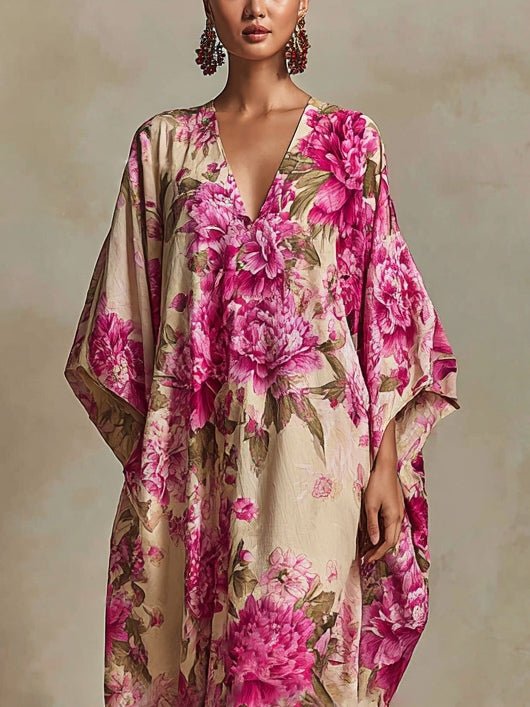 Floral Art Resort V-hals Batwing Mouw Kaftan Maxi Jurk - Bellanza