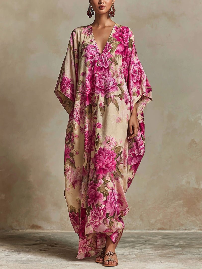 Floral Art Resort V-hals Batwing Mouw Kaftan Maxi Jurk - Bellanza