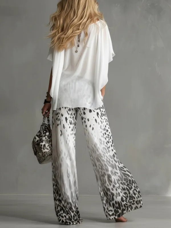 Flowy Witte T-shirt En Luipaardprint Chiffon Broek Set - Bellanza