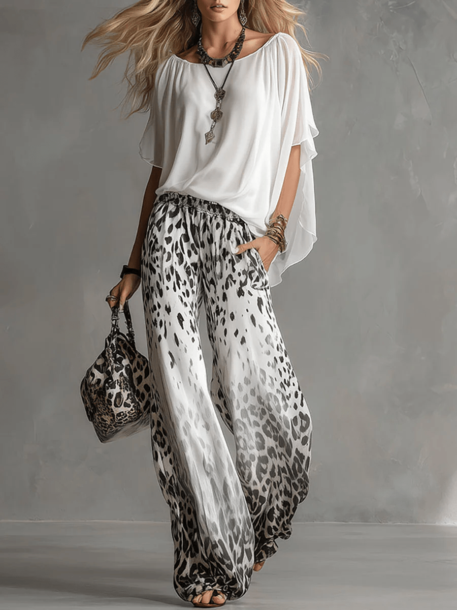 Flowy Witte T-shirt En Luipaardprint Chiffon Broek Set - Bellanza