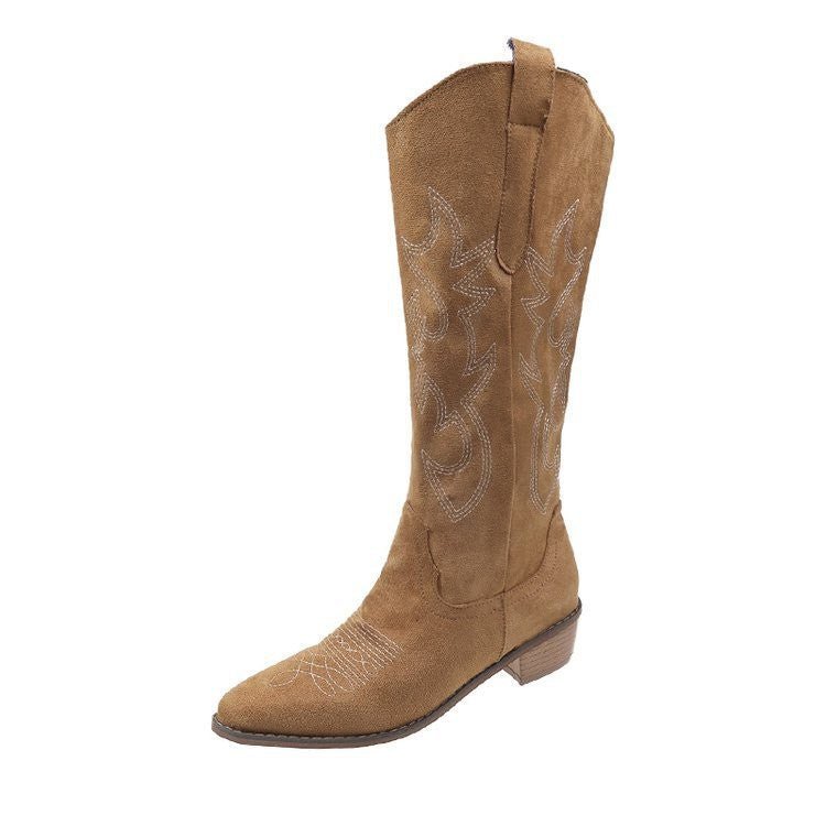 Geborduurde Denim Hoge Chunky-heeled Western Boots - Bellanza