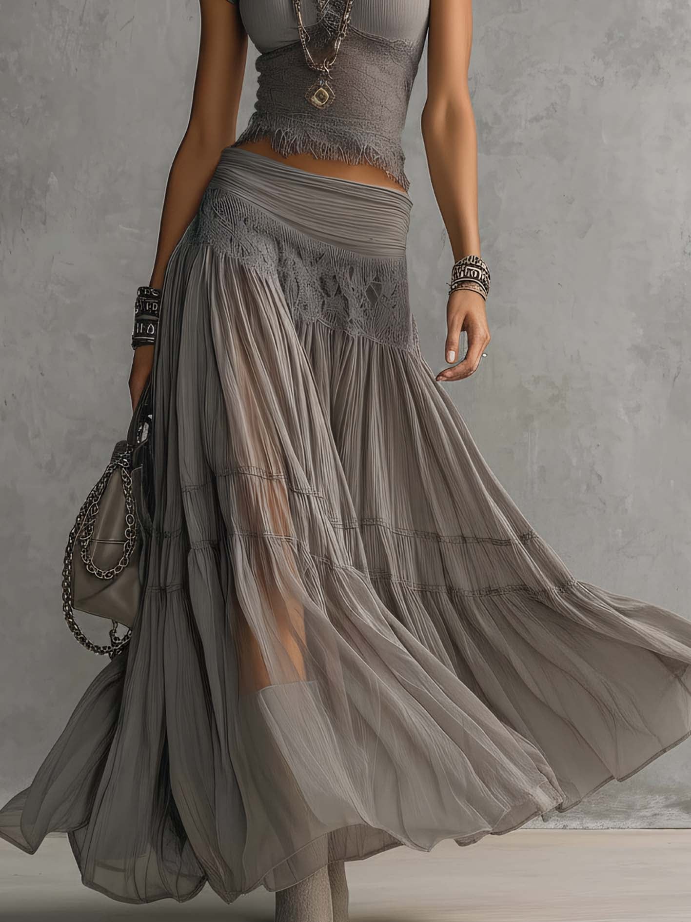 Grijze Doorzichtige Kanten Top met Paneel en Geplooide Maxi Rok Set - Bellanza