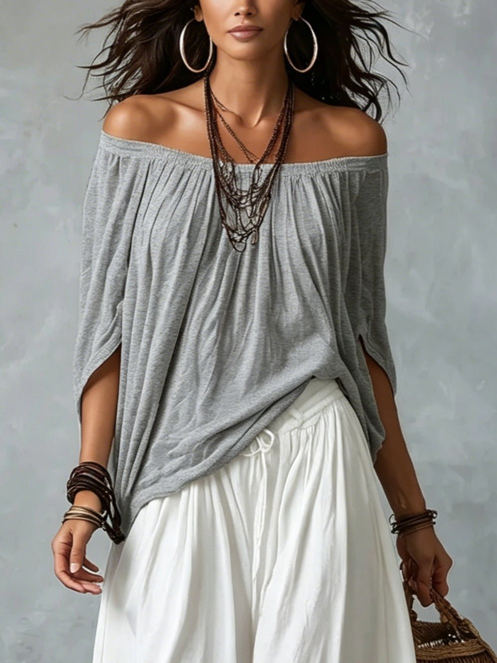 Grijze Off-shoulder Top En Witte Loszittende Lantaarnbroek Set - Bellanza