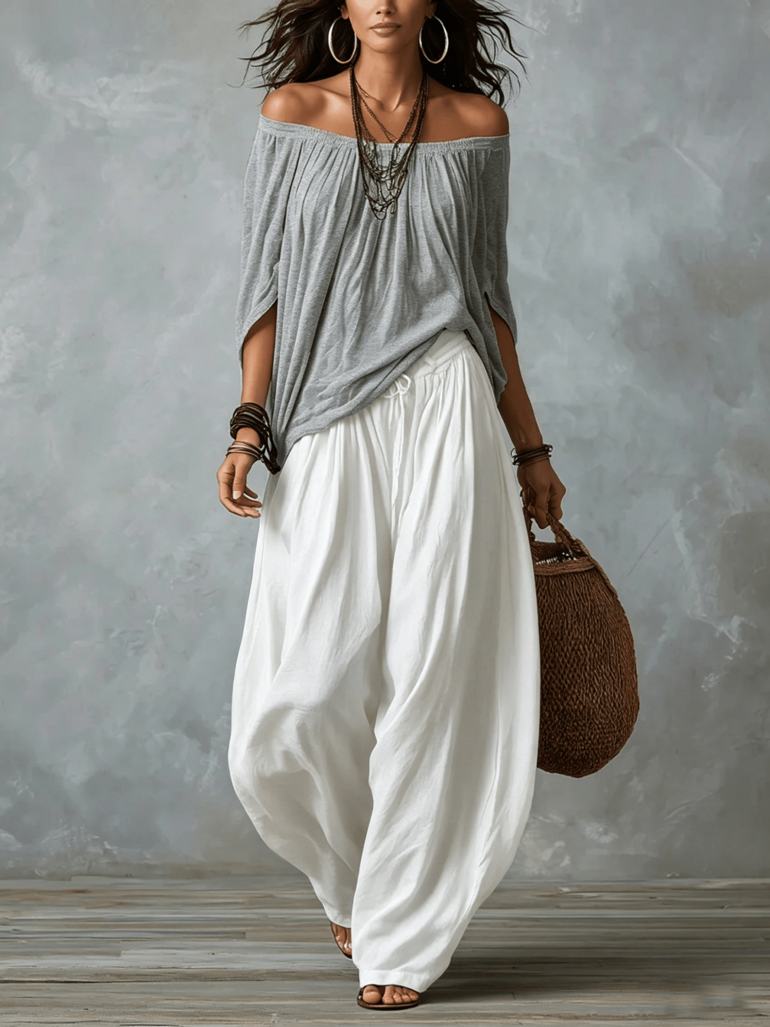 Grijze Off-shoulder Top En Witte Loszittende Lantaarnbroek Set - Bellanza