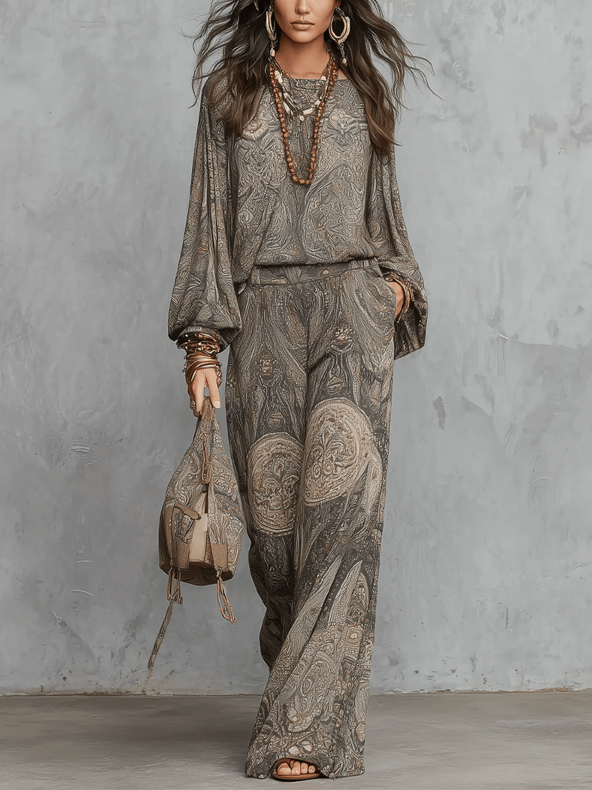 Grijze Paisley Patroon Lantern Mouw Top En Wijde Broek Set - Bellanza