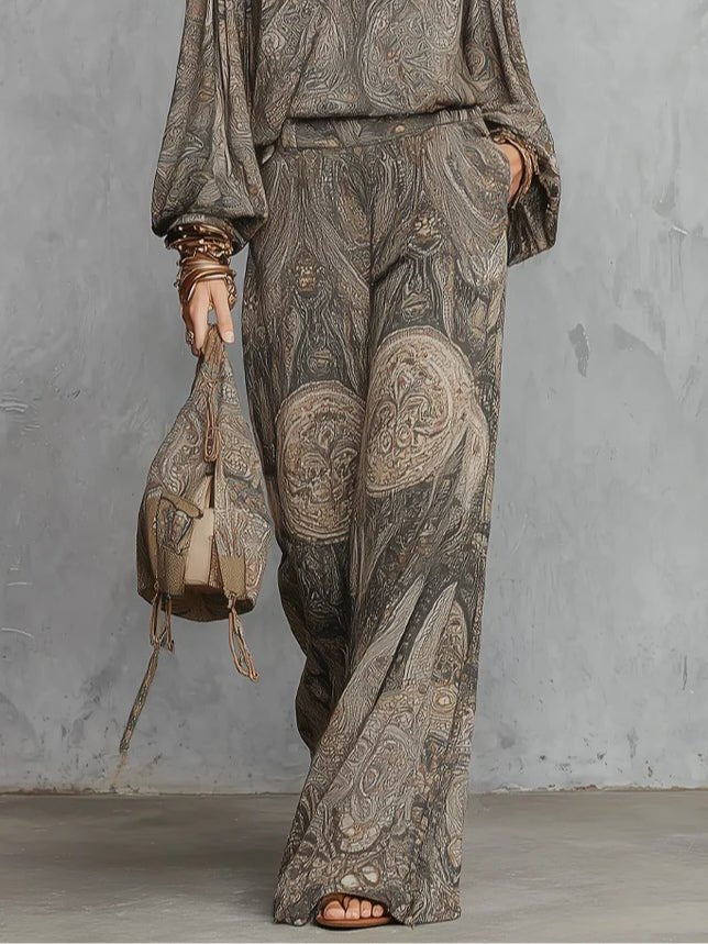 Grijze Paisley Patroon Lantern Mouw Top En Wijde Broek Set - Bellanza