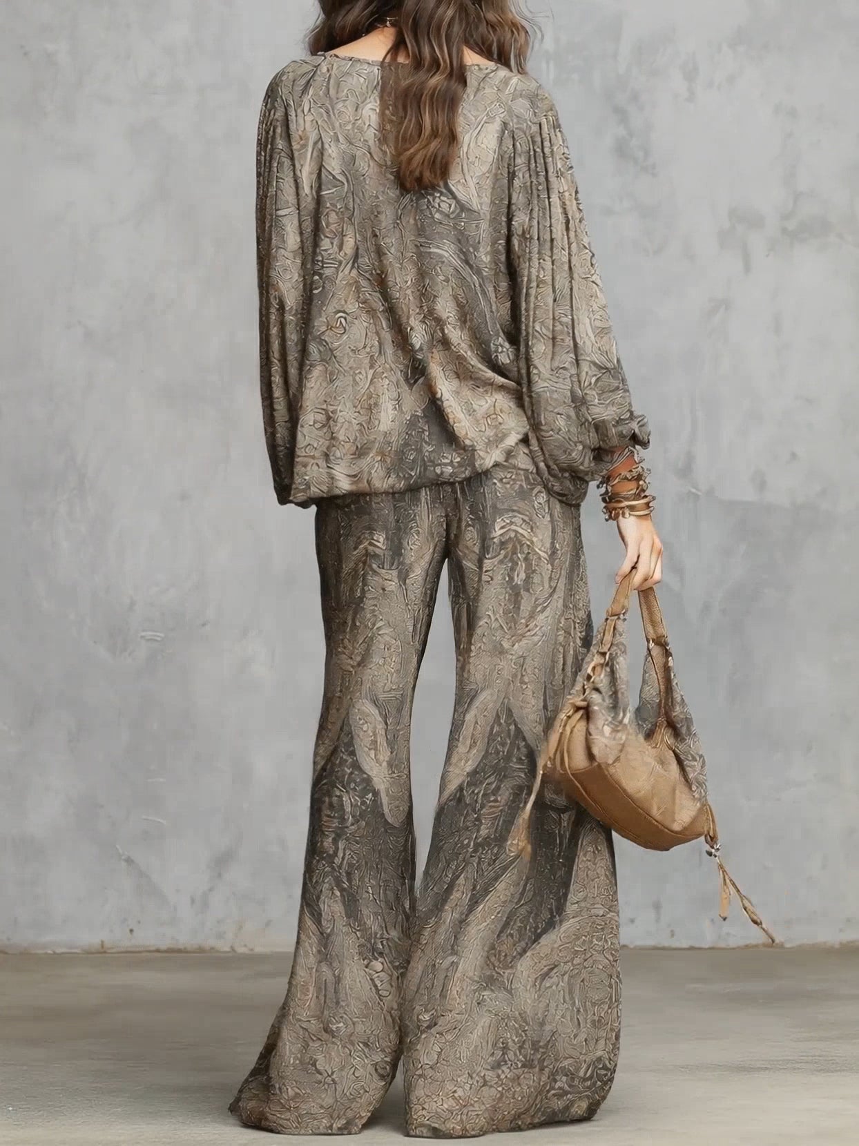 Grijze Paisley Patroon Lantern Mouw Top En Wijde Broek Set - Bellanza