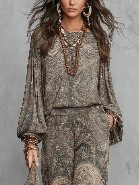 Grijze Paisley Patroon Lantern Mouw Top En Wijde Broek Set - Bellanza