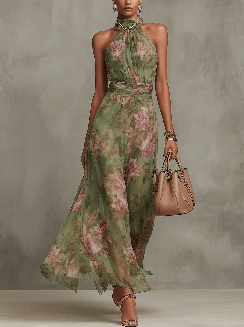 Groene Bloemen Chiffon Halter Maxi Jurk - Bellanza