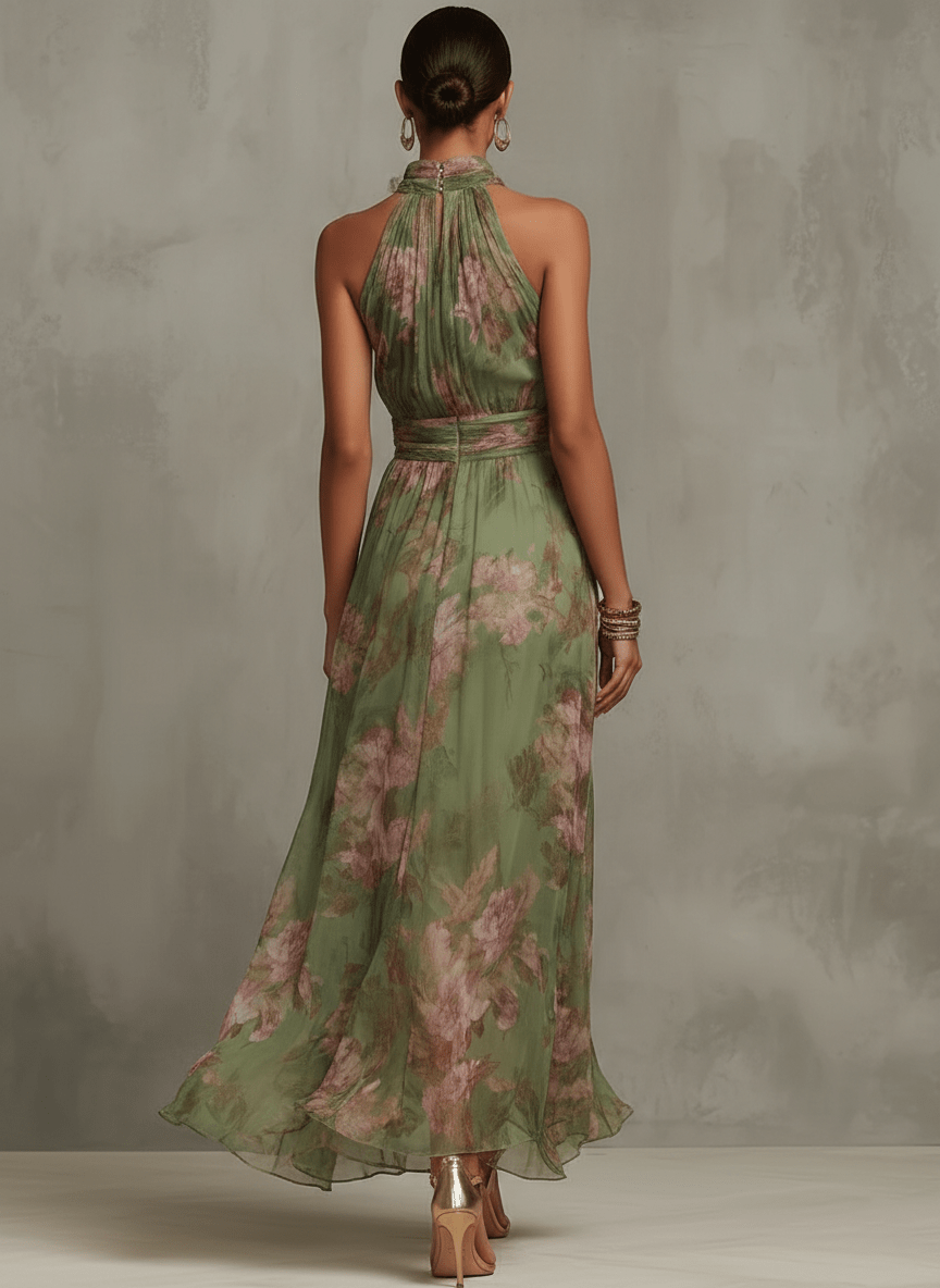 Groene Bloemen Chiffon Halter Maxi Jurk - Bellanza