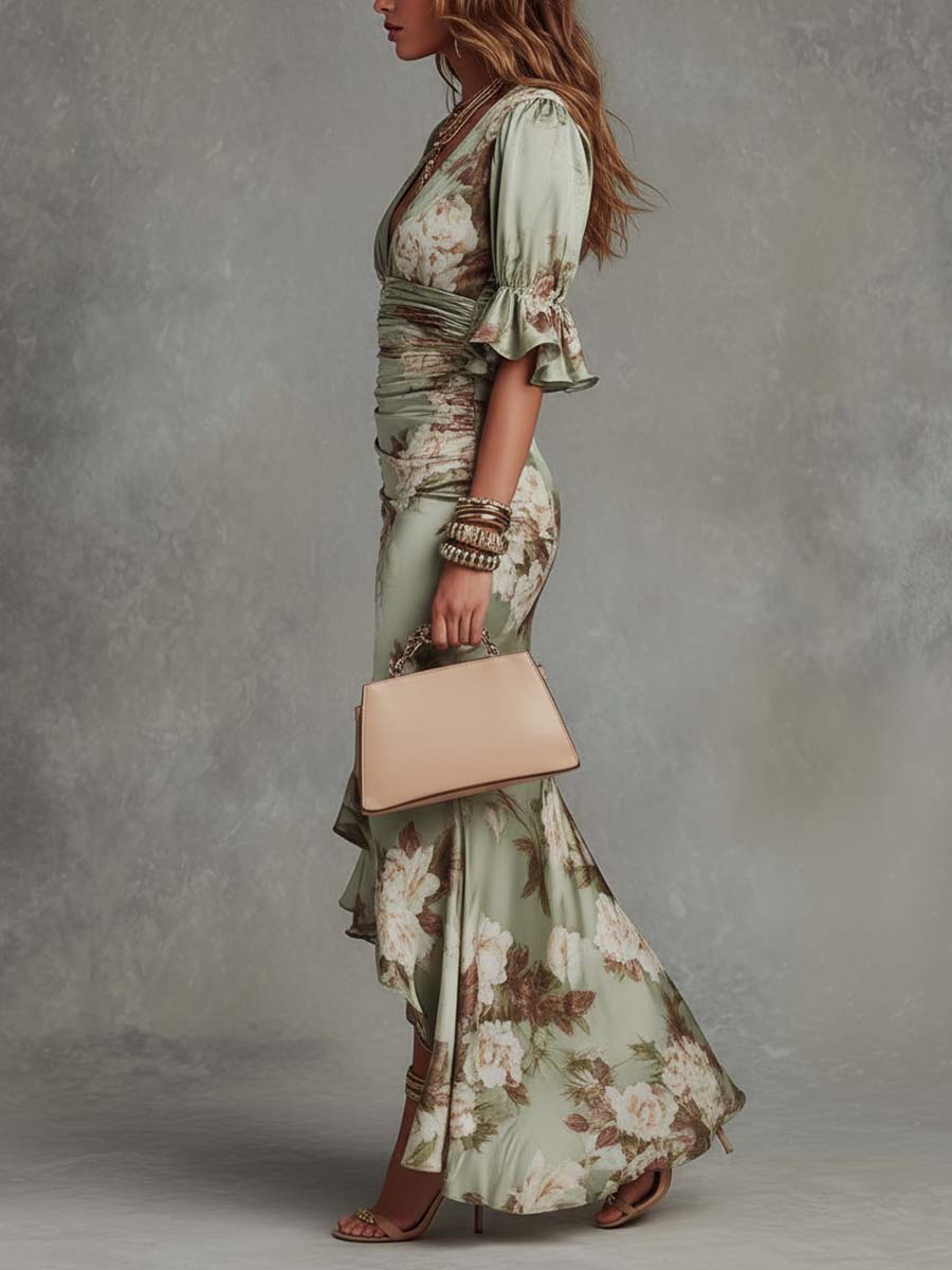 Groene Bloemen Rimpel Bell Sleeve V-hals Satin Asymmetrische Maxi Jurk - Bellanza