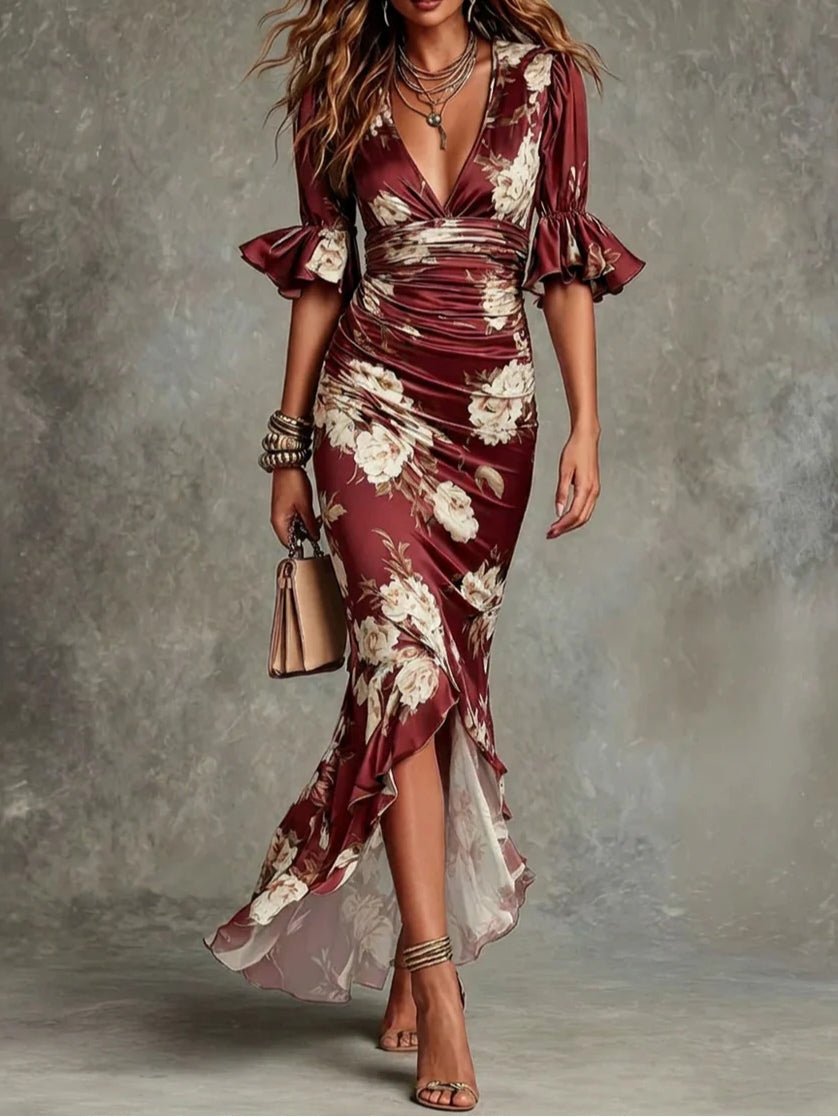 Groene Bloemen Rimpel Bell Sleeve V-hals Satin Asymmetrische Maxi Jurk - Bellanza
