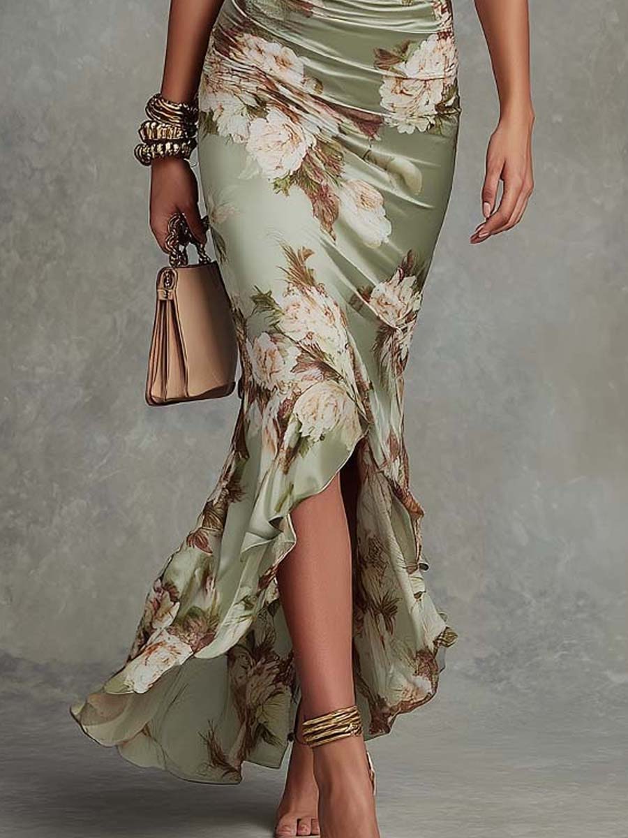 Groene Bloemen Rimpel Bell Sleeve V-hals Satin Asymmetrische Maxi Jurk - Bellanza