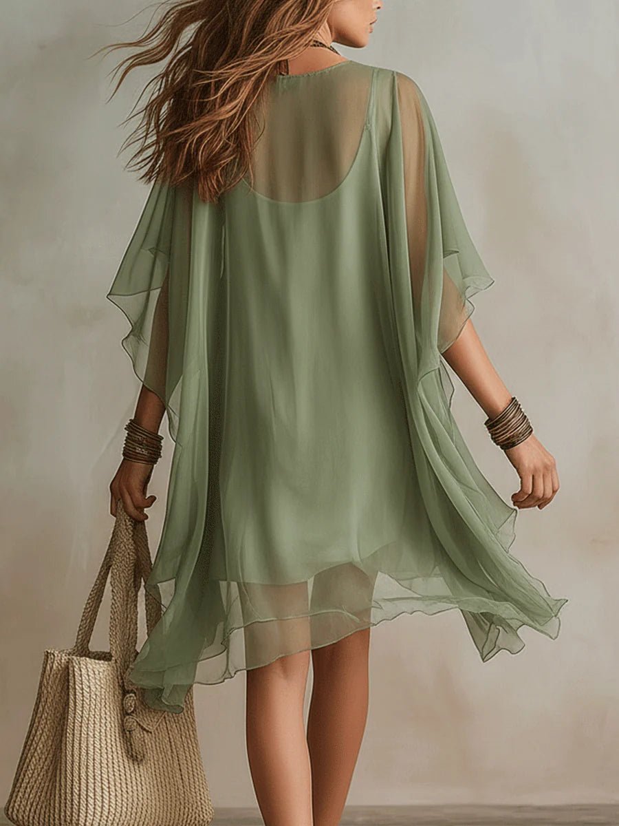 Groene Chiffon V-hals Gelaagde Vloeiende Mini Jurk - Bellanza