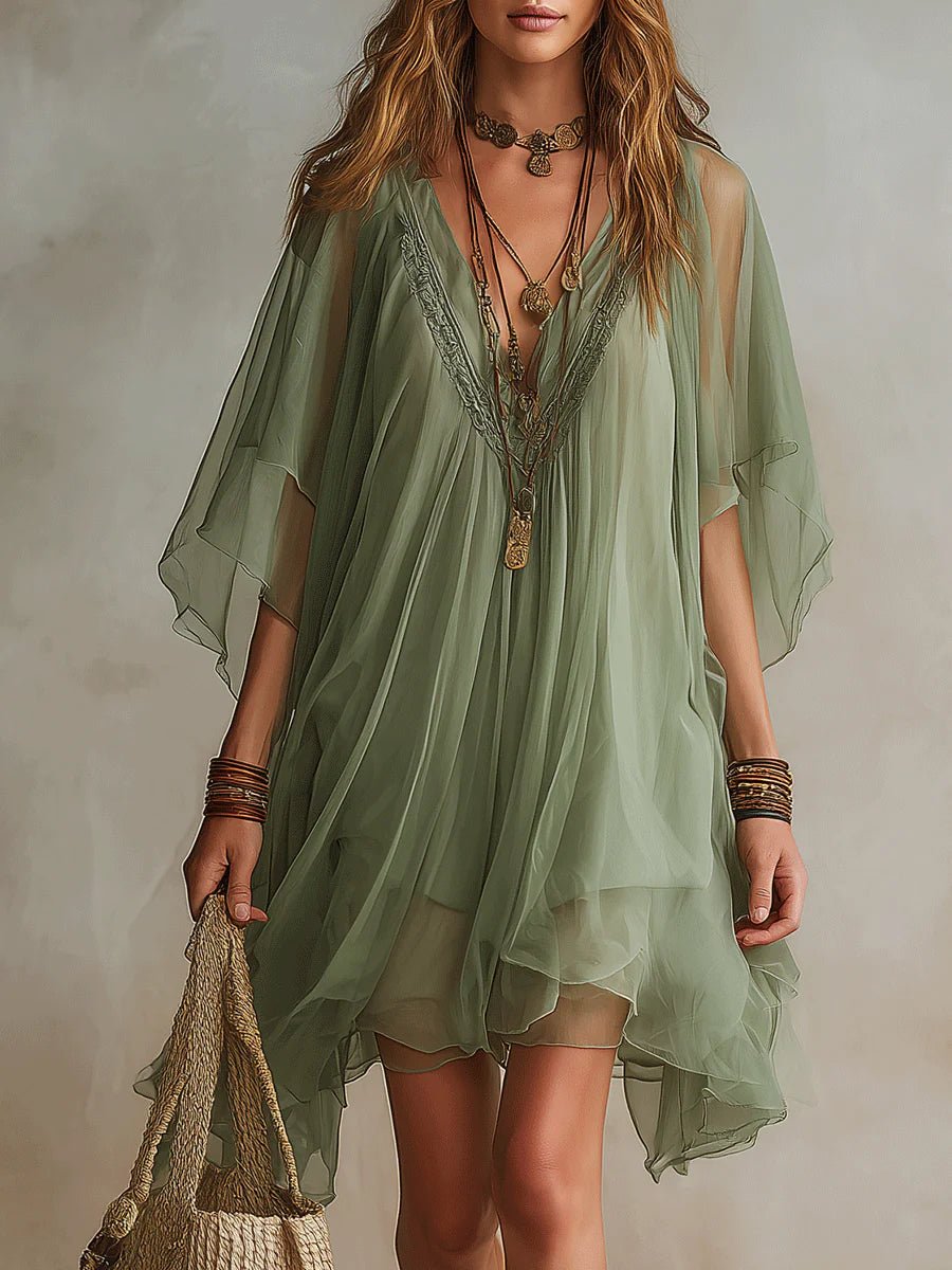 Groene Chiffon V-hals Gelaagde Vloeiende Mini Jurk - Bellanza