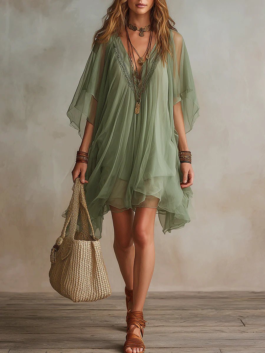 Groene Chiffon V-hals Gelaagde Vloeiende Mini Jurk - Bellanza