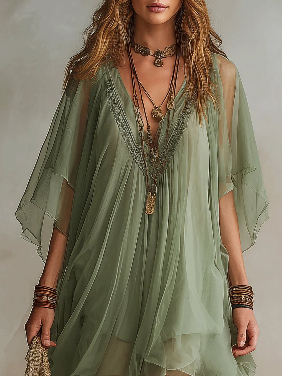 Groene Chiffon V-hals Gelaagde Vloeiende Mini Jurk - Bellanza