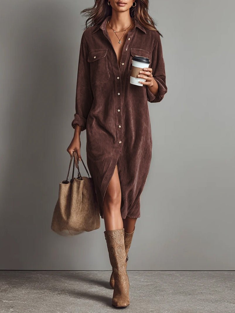 Jessy™ – Elegante Midi - jurk van zachte corduroy met borstzakken - Bellanza