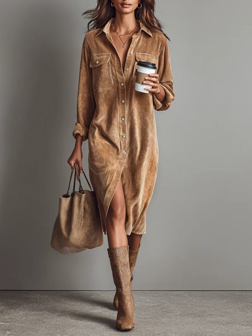 Jessy™ – Elegante Midi - jurk van zachte corduroy met borstzakken - Bellanza