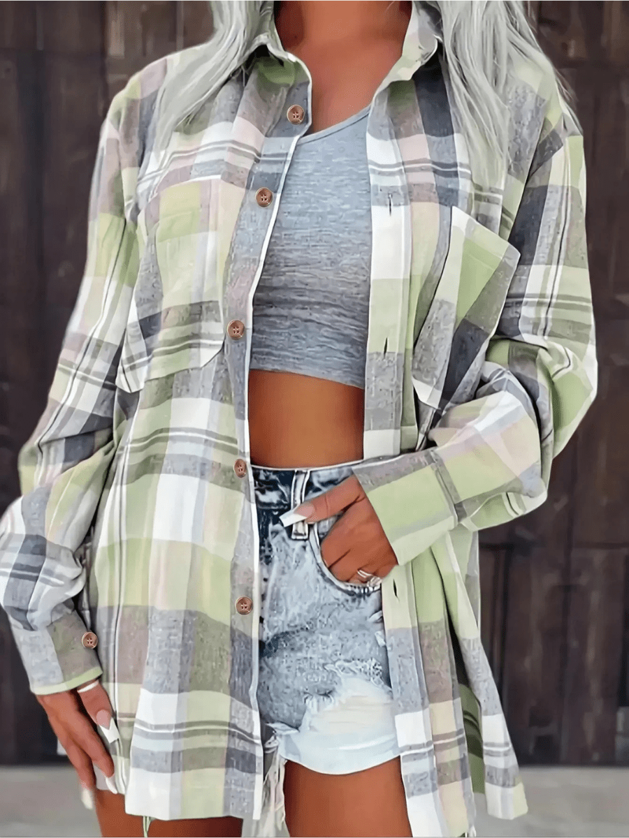 Jolanda | Elegante Geruite Zomer Blouse met Lange Mouwen - Bellanza