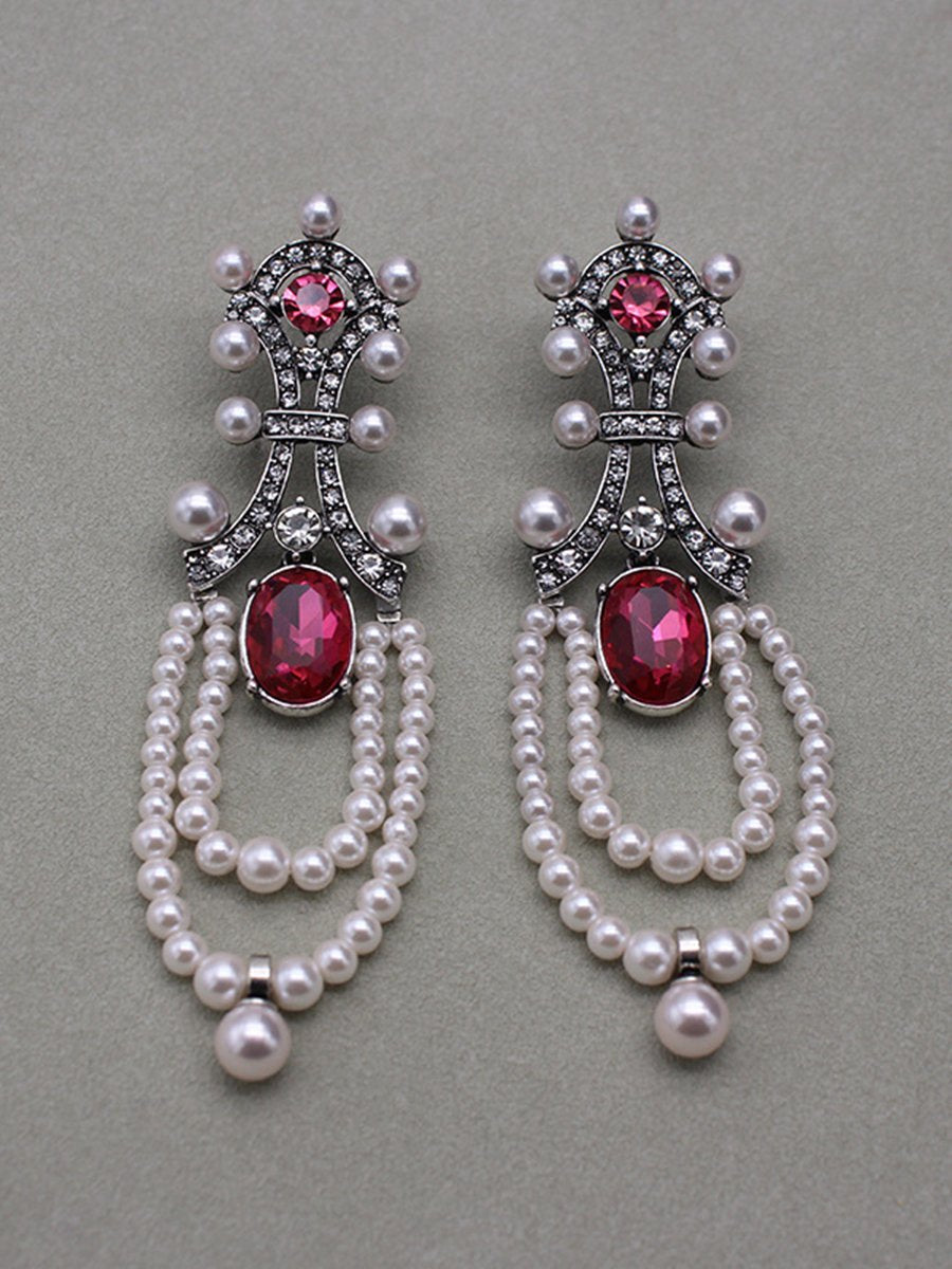 Vintage Lange Robijnparel Tassel Oorbellen