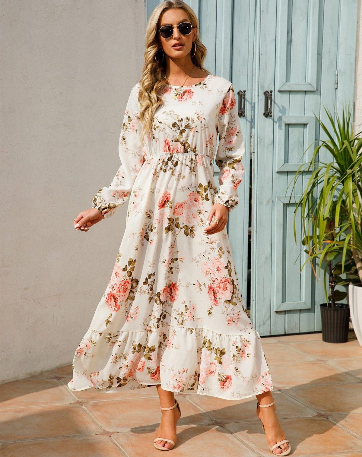 Julia™ Witte Long Sleeve Maxi Jurk Met Zomerse Bloemenprint - bellanza