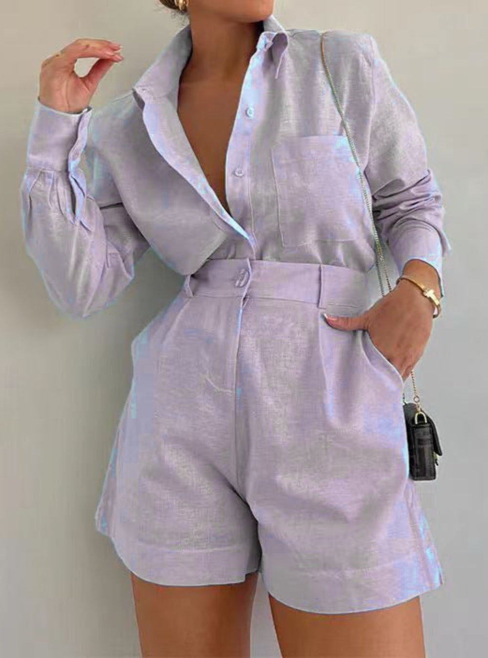 Katoenen en Linnen Lange Mouwen Losse Korte Set - bellanza