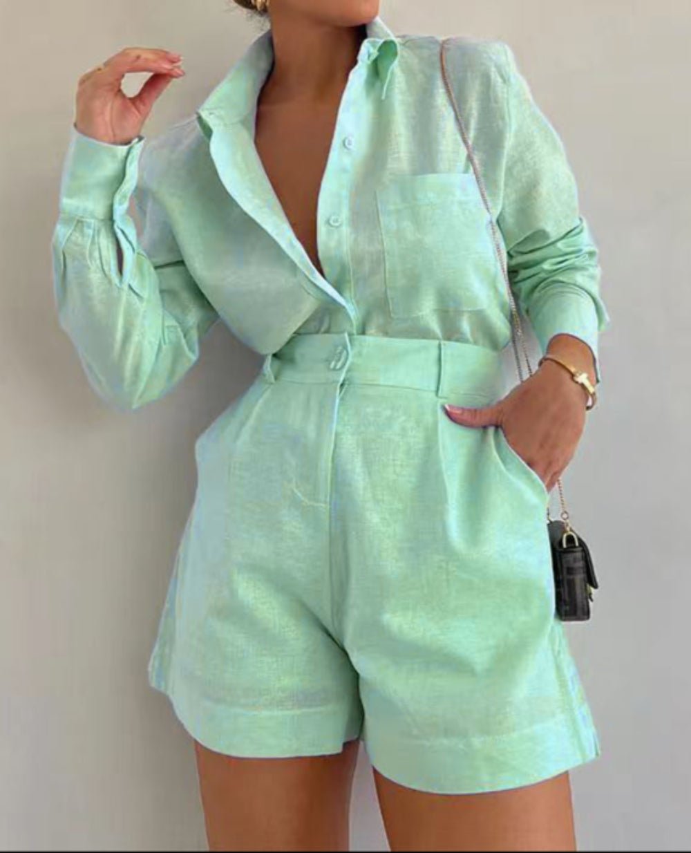 Katoenen en Linnen Lange Mouwen Losse Korte Set - bellanza