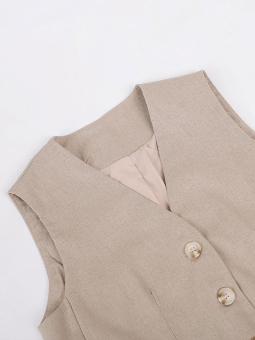 Klassieke V - hals Plissé Katoenen en Linnen Wijde Pantalon Set - bellanza