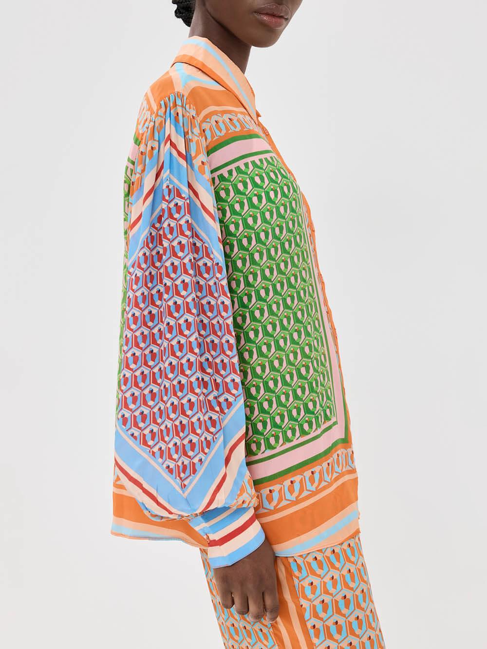 Kleurrijke Unieke Print Ballon Mouw Knop Loose Shirt - bellanza