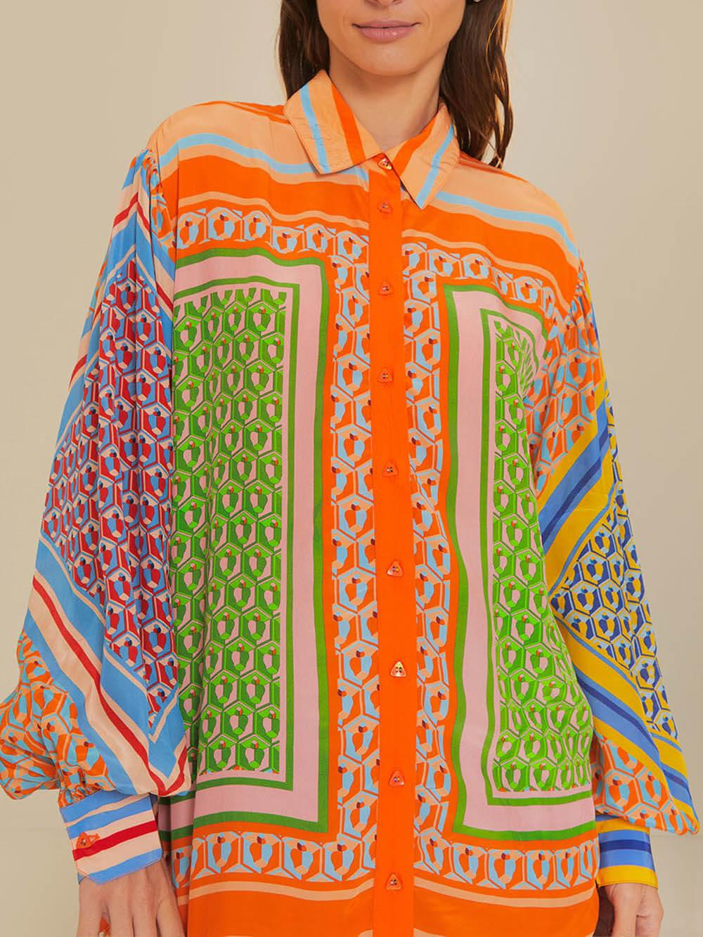 Kleurrijke Unieke Print Ballon Mouw Knop Loose Shirt - bellanza