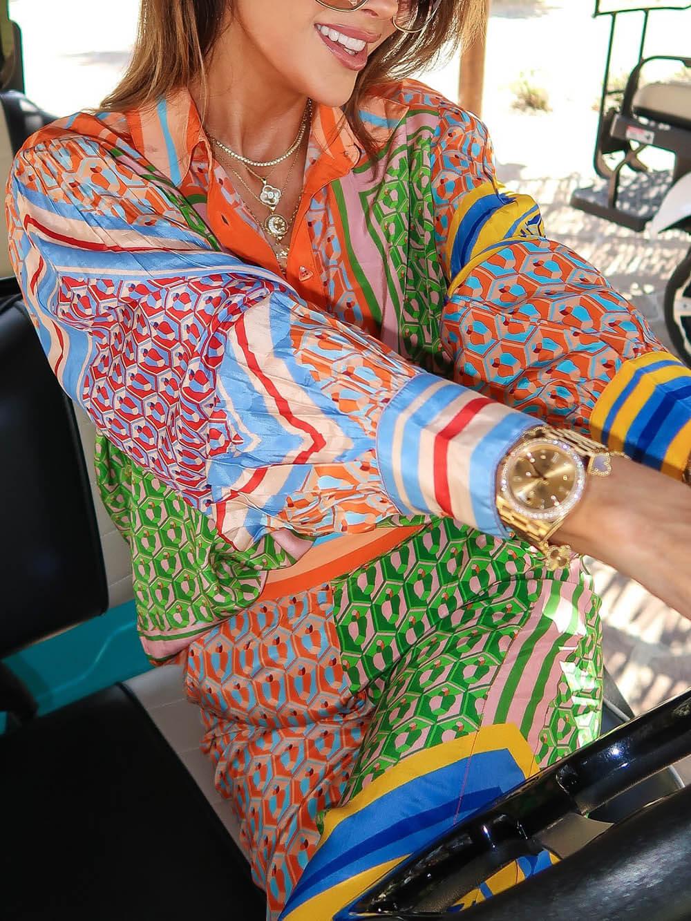 Kleurrijke Unieke Print Ballon Mouw Knop Loose Shirt - bellanza