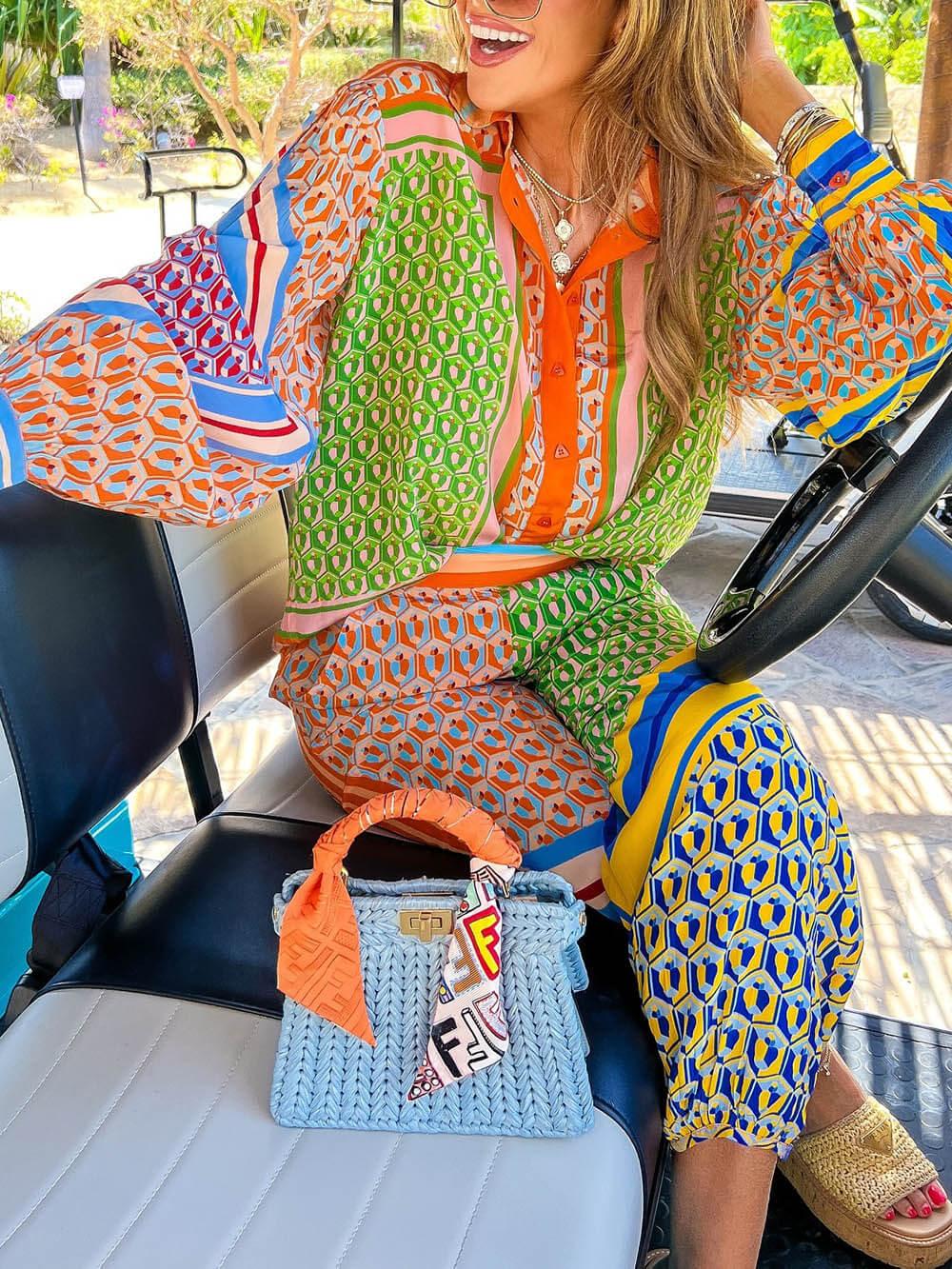 Kleurrijke Unieke Print Ballon Mouw Knop Loose Shirt - bellanza