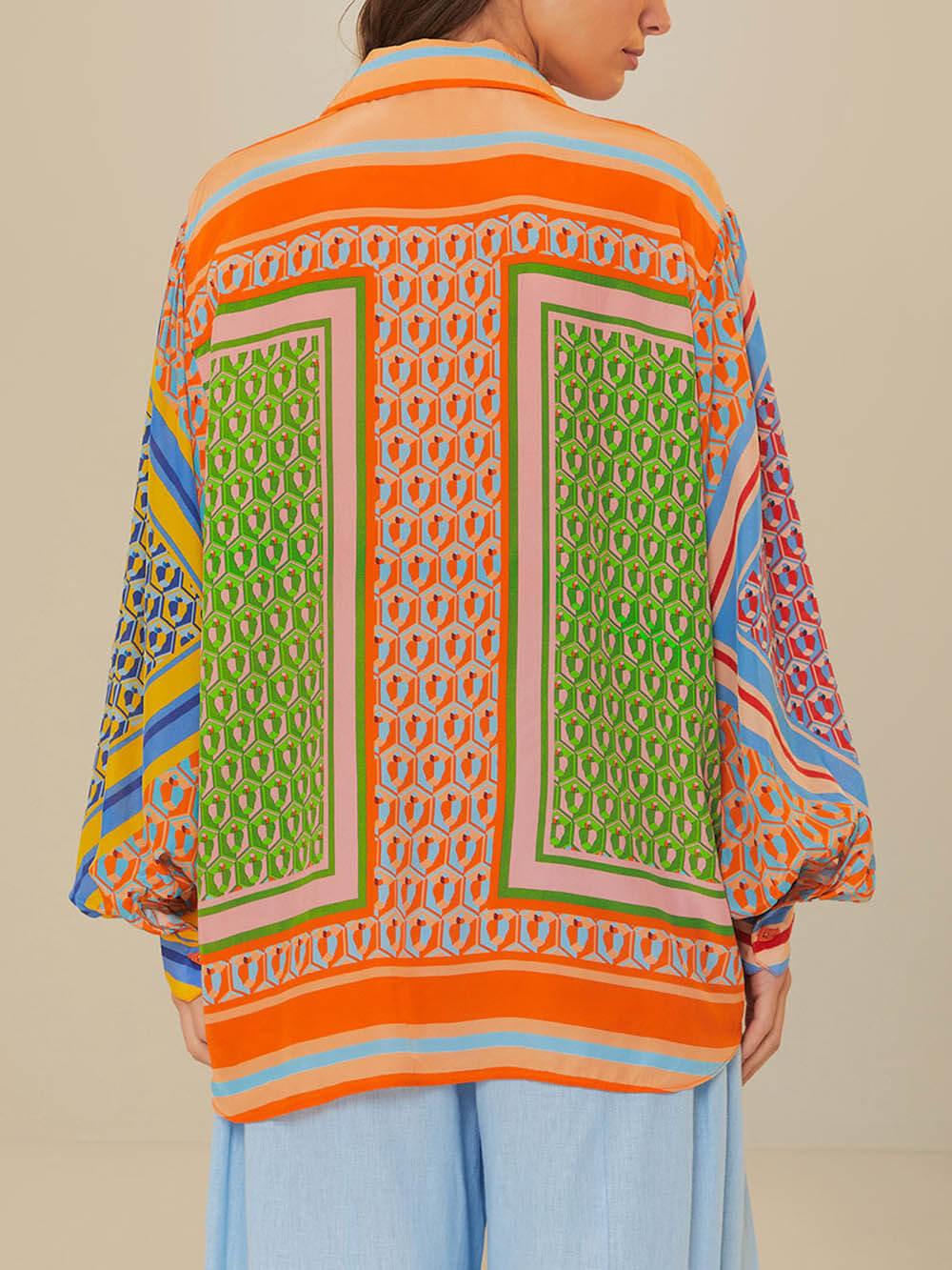 Kleurrijke Unieke Print Ballon Mouw Knop Loose Shirt - bellanza