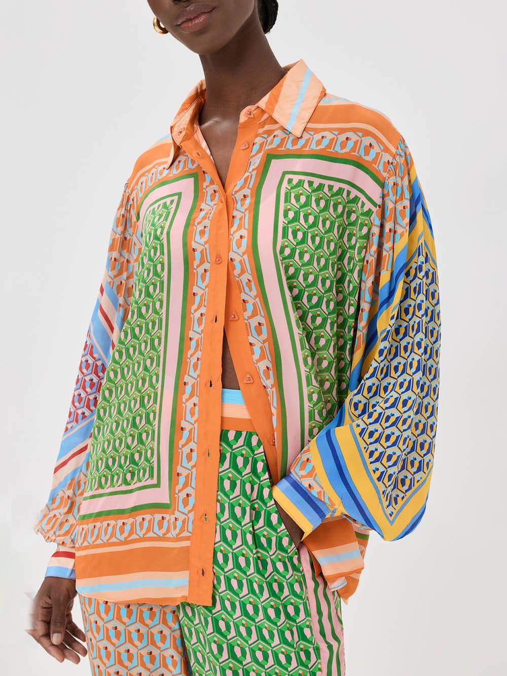 Kleurrijke Unieke Print Ballon Mouw Knop Loose Shirt - bellanza