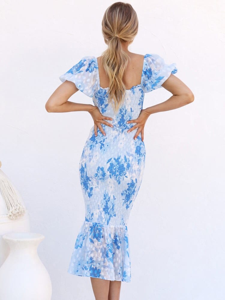Lena™ Blauwe Midi Mermaid Jurk Met Puff Mouwen - bellanza