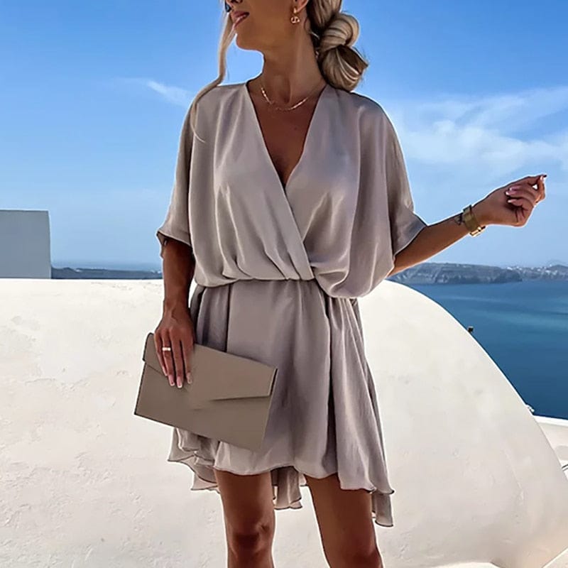 Lina™ - Beige Boho Jurk Met V - hals - bellanza