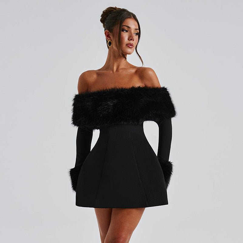 Luxe Off - Shoulder Fluwelen Dames Jurk met Lange Mouwen - bellanza