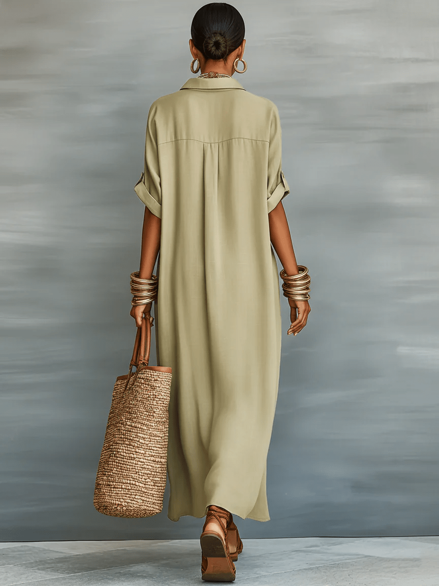 Manelle™ | Maxi jurk olijfgroen met minimalistische lijn - Bellanza
