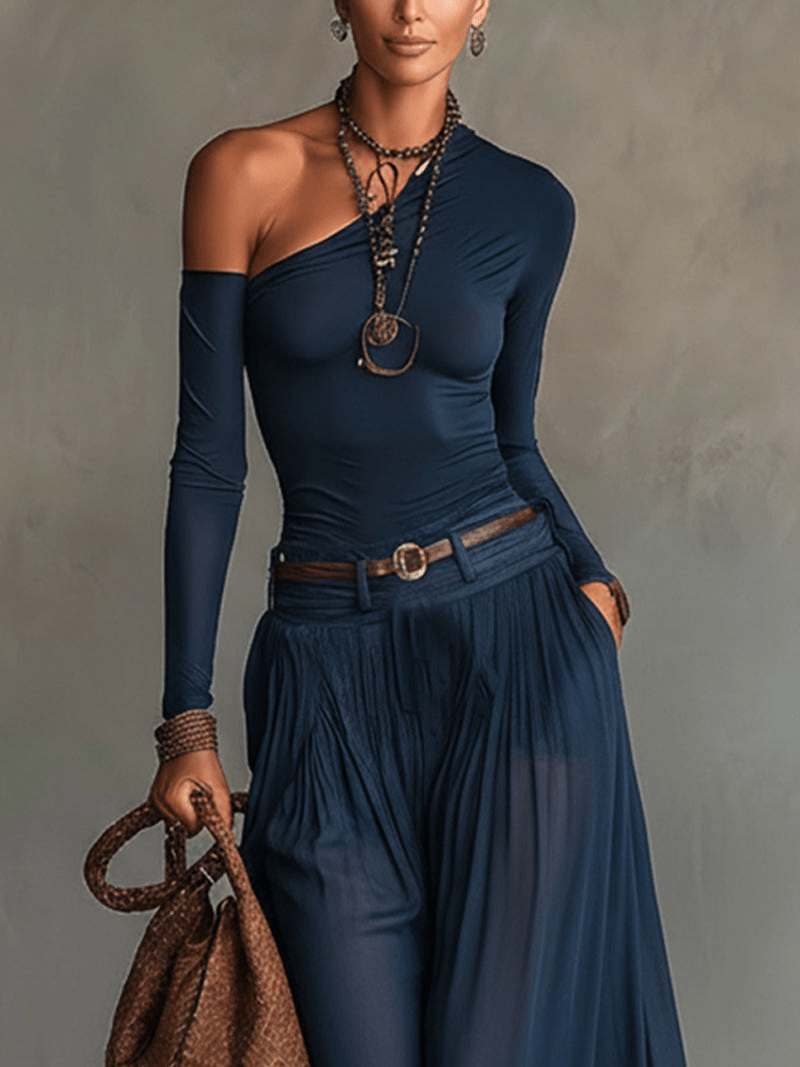 Marineblauwe Een-schouder Top En Transparante Tulle Rok Twee-delige Set (met riem) - Bellanza