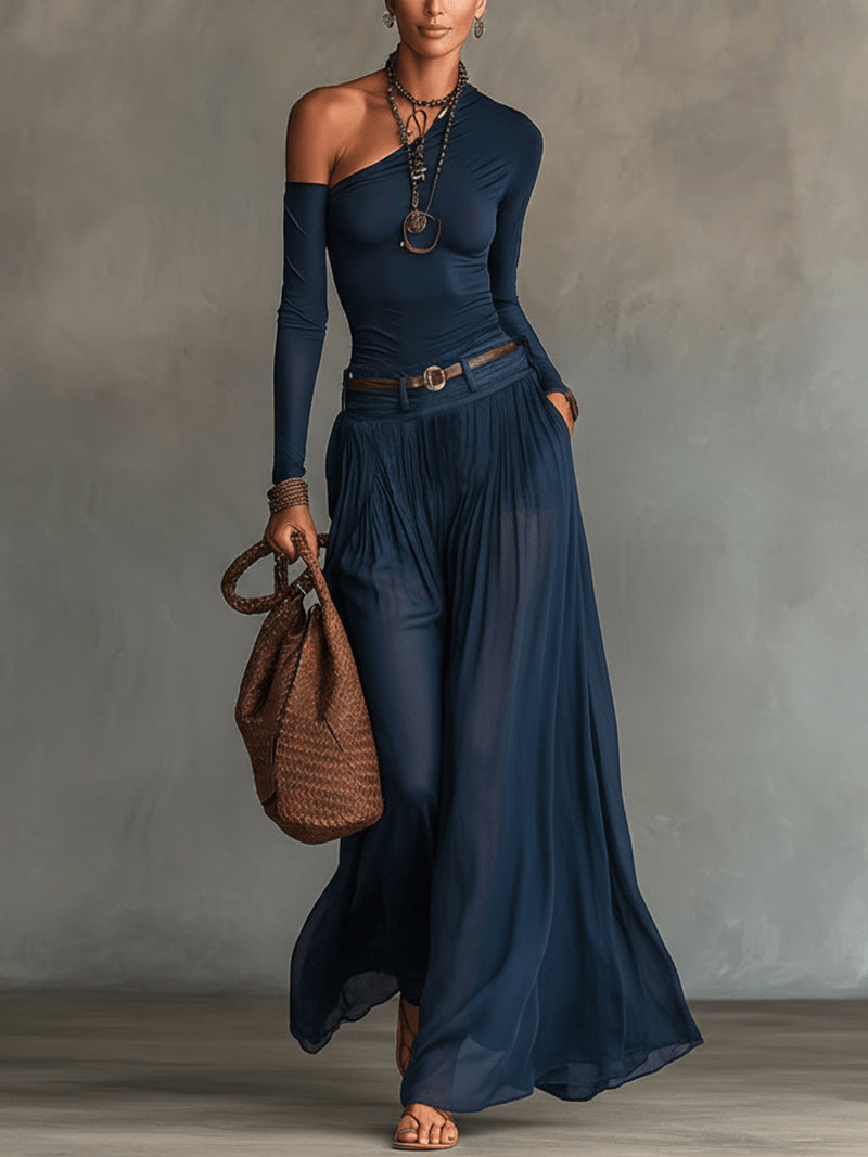 Marineblauwe Een-schouder Top En Transparante Tulle Rok Twee-delige Set (met riem) - Bellanza