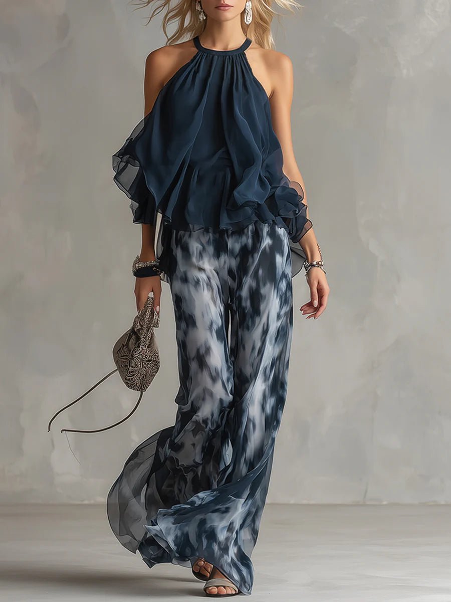 Marineblauwe Haltertop en Geprinte Wijde Broeken Chiffon Set - Bellanza