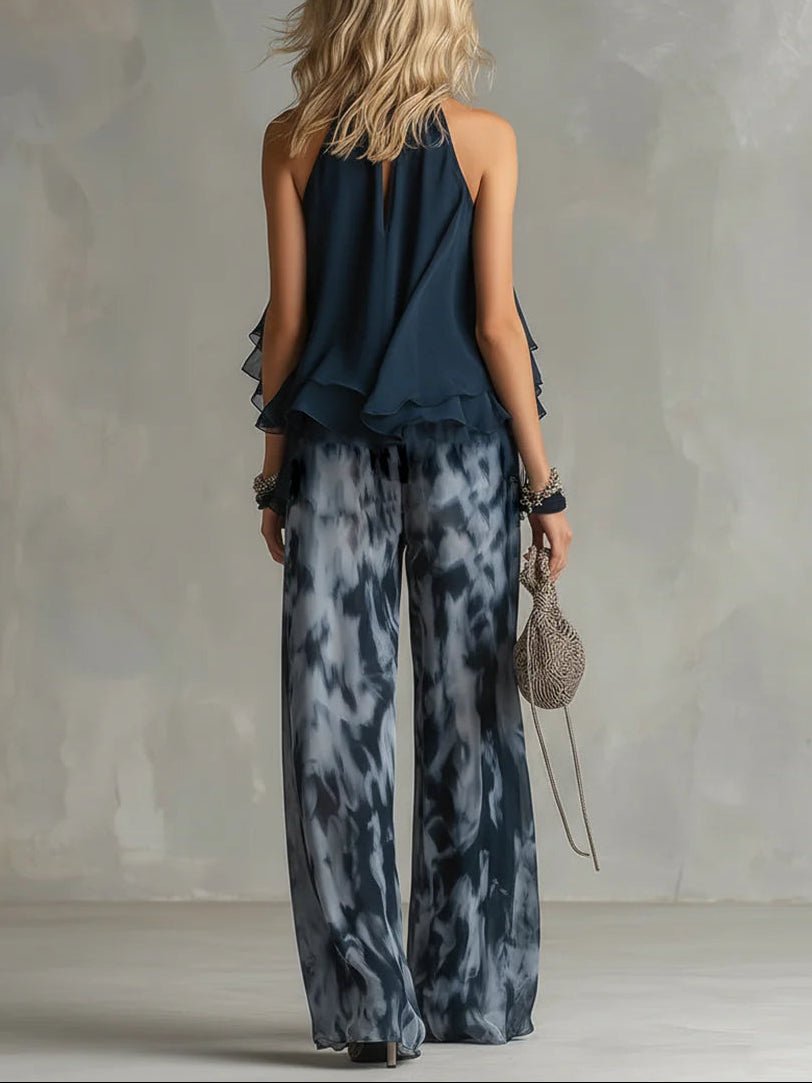 Marineblauwe Haltertop en Geprinte Wijde Broeken Chiffon Set - Bellanza